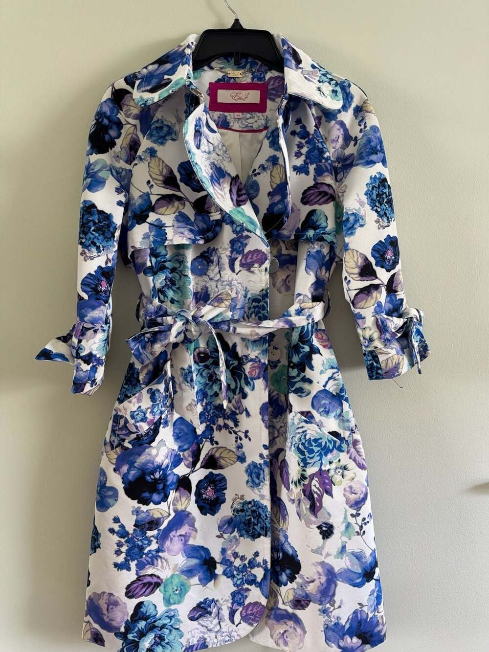 Eliza J Blue Floral Trench Coat Jacket with Tie Cuffs Size XS